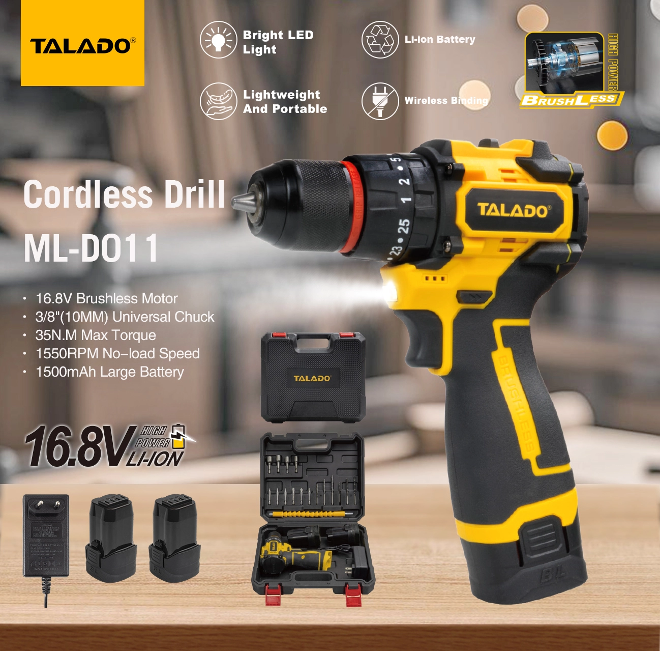 16.8V ブラシレスコードレスドリル 35N.M 高トルクハンドヘルドドリルドライバー家庭用 DIY リフォーム