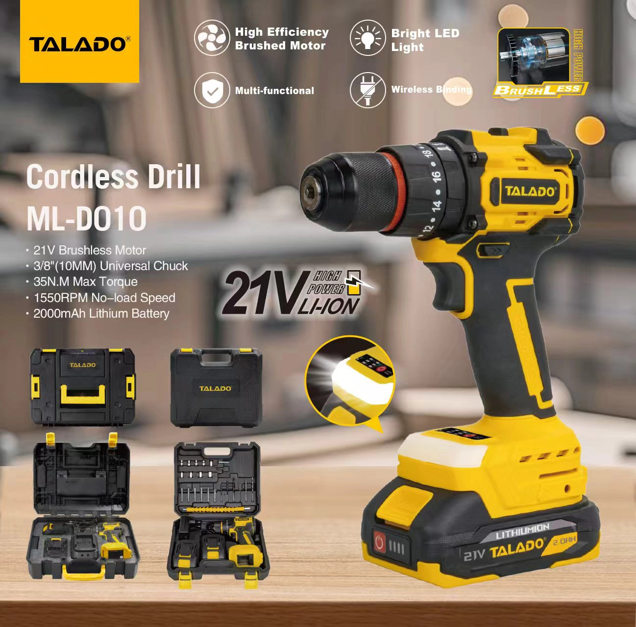 21V ブラシレスコードレスドリルドライバー 35N.M 高トルク交換式バッテリーパワードリル 毎日の修理と改修用